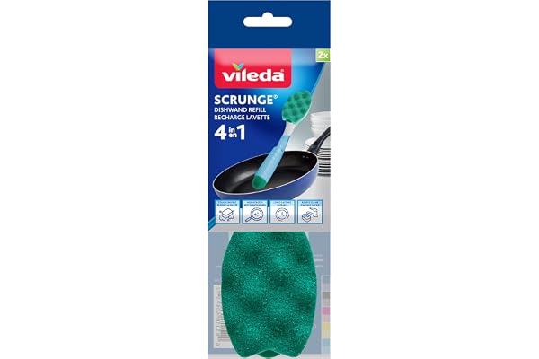 Vileda Multi-Use Dishwand Refill (Pack of 2) | Non-Scratch Dish Brush | Replaceable Scrubbing Sponge Head