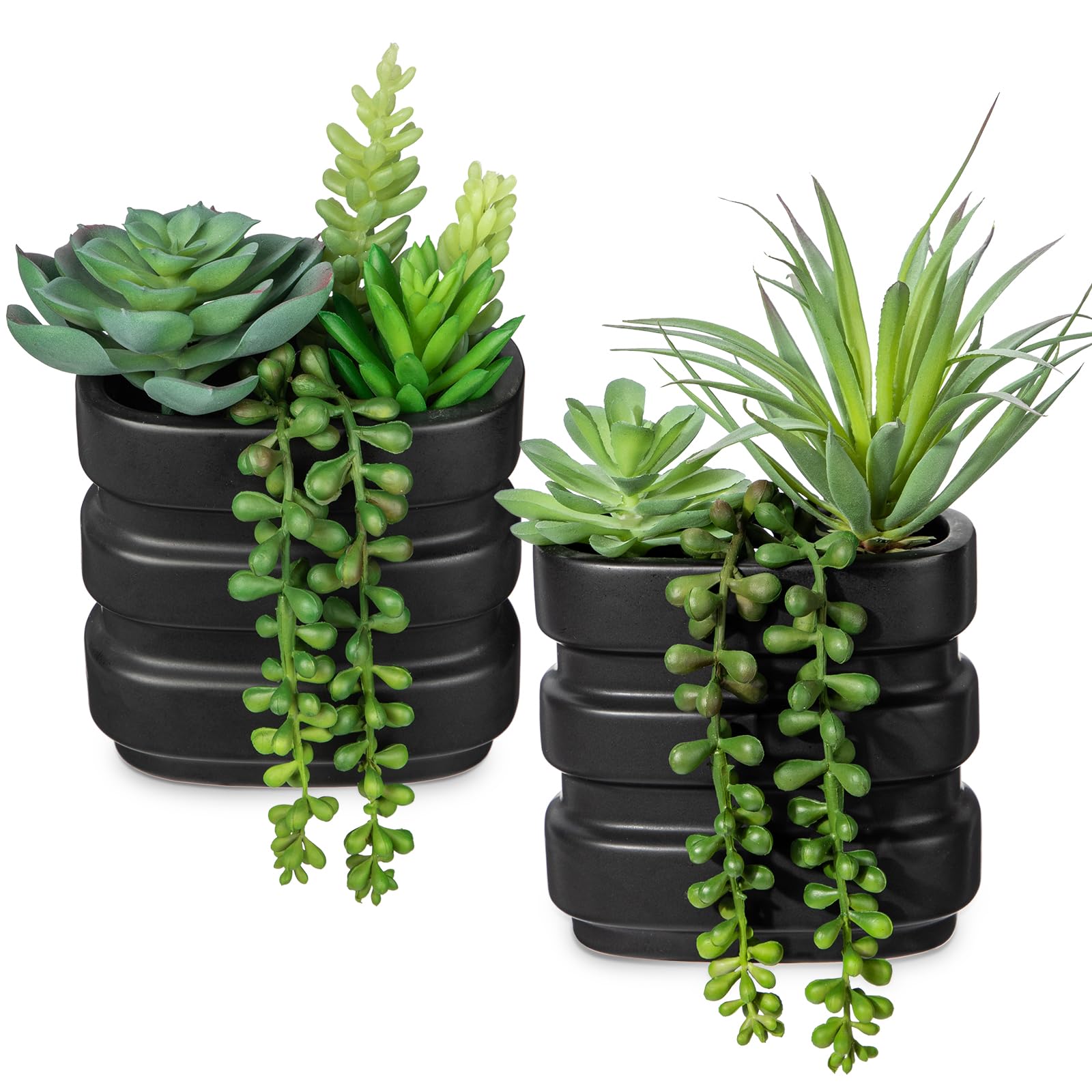 Hollyone 2PCS Artificial Succulents in Ceramic Pots, Dual-use Fake Succulents Arrangement in Black Pots, Hanging Faux Plants for Home Decor living Room Bathroom Kitchen Wall Table Shelf Office
