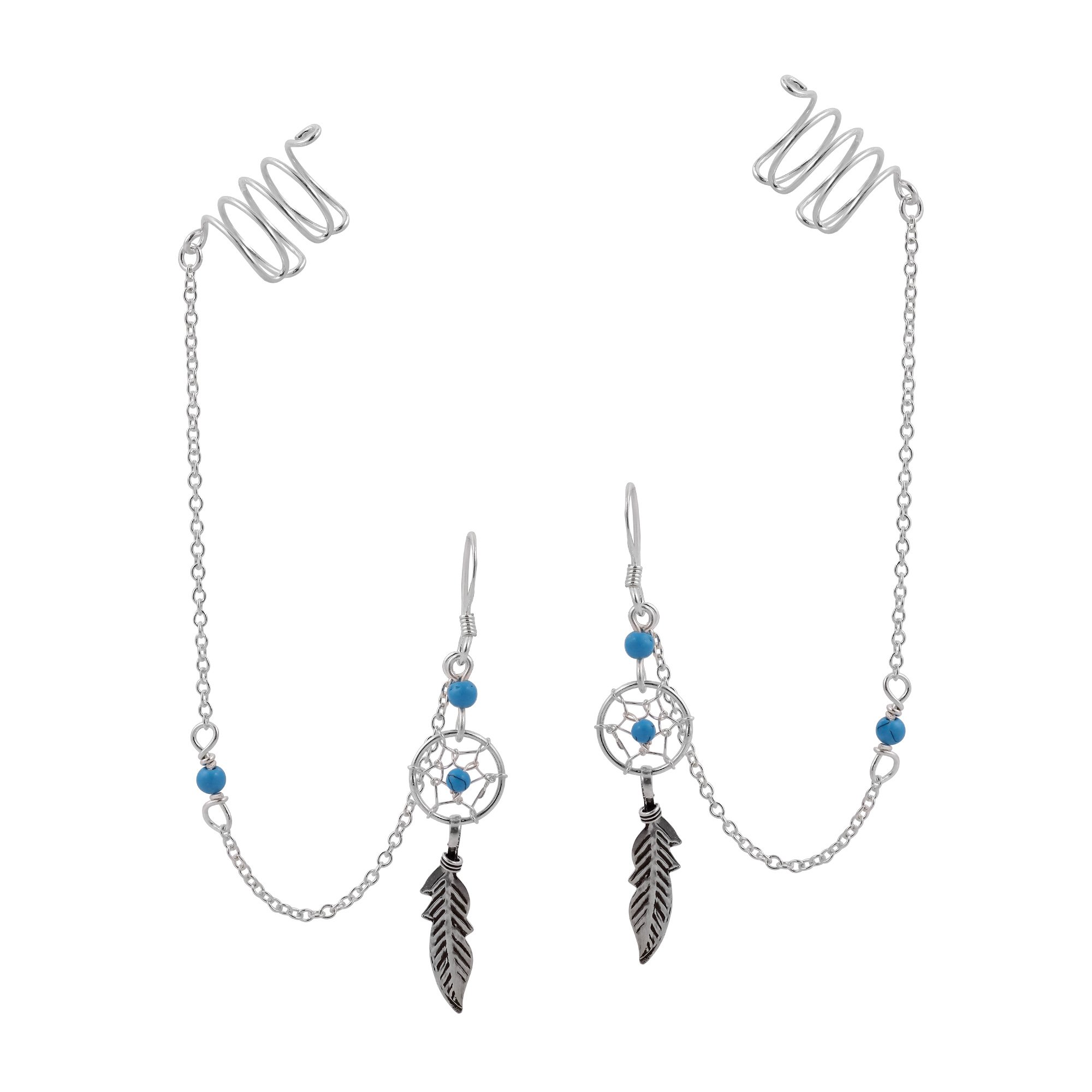 Unique Dreamcatcher and Ear Cuff Chain with Simulated Blue Turquoise Stone Dangle Earrings