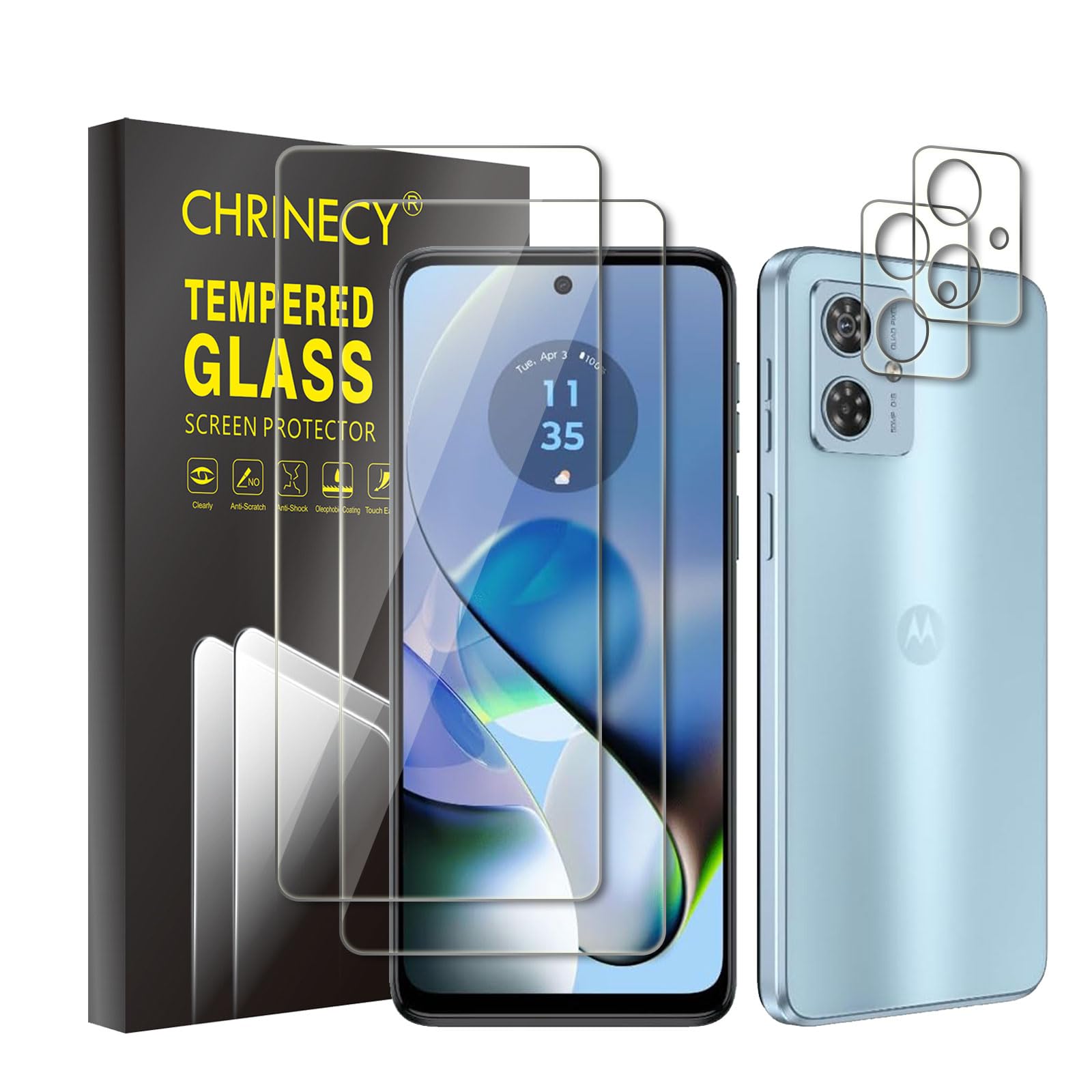 CHRINECY [2+2] 2 Pack Screen Protector for Motorola Moto G54 5G with 2 Pack Camera Lens Protector, High Transparency Tempered Glass Protection Film, 9H Hardness, Case Friendly, Anti-Scratch