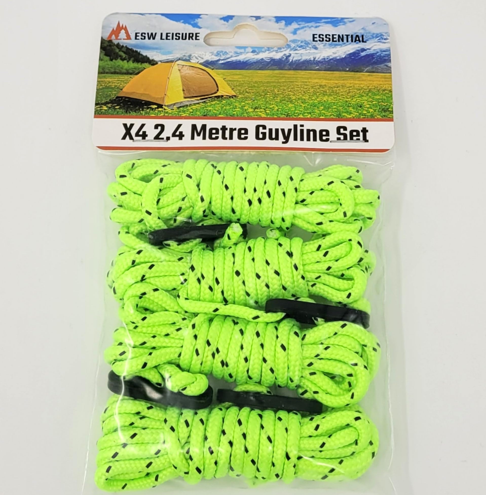 ESW LEISURE Guyline Ropes 4 Pack For Tents Awning Camping Strong Lightweight Paracord Guy Rope With Tensioner Guy Lines Fishing Umbrella Caravan Gazebo (Flourescent Green & Black, 2.4 Metre 4 Pack)
