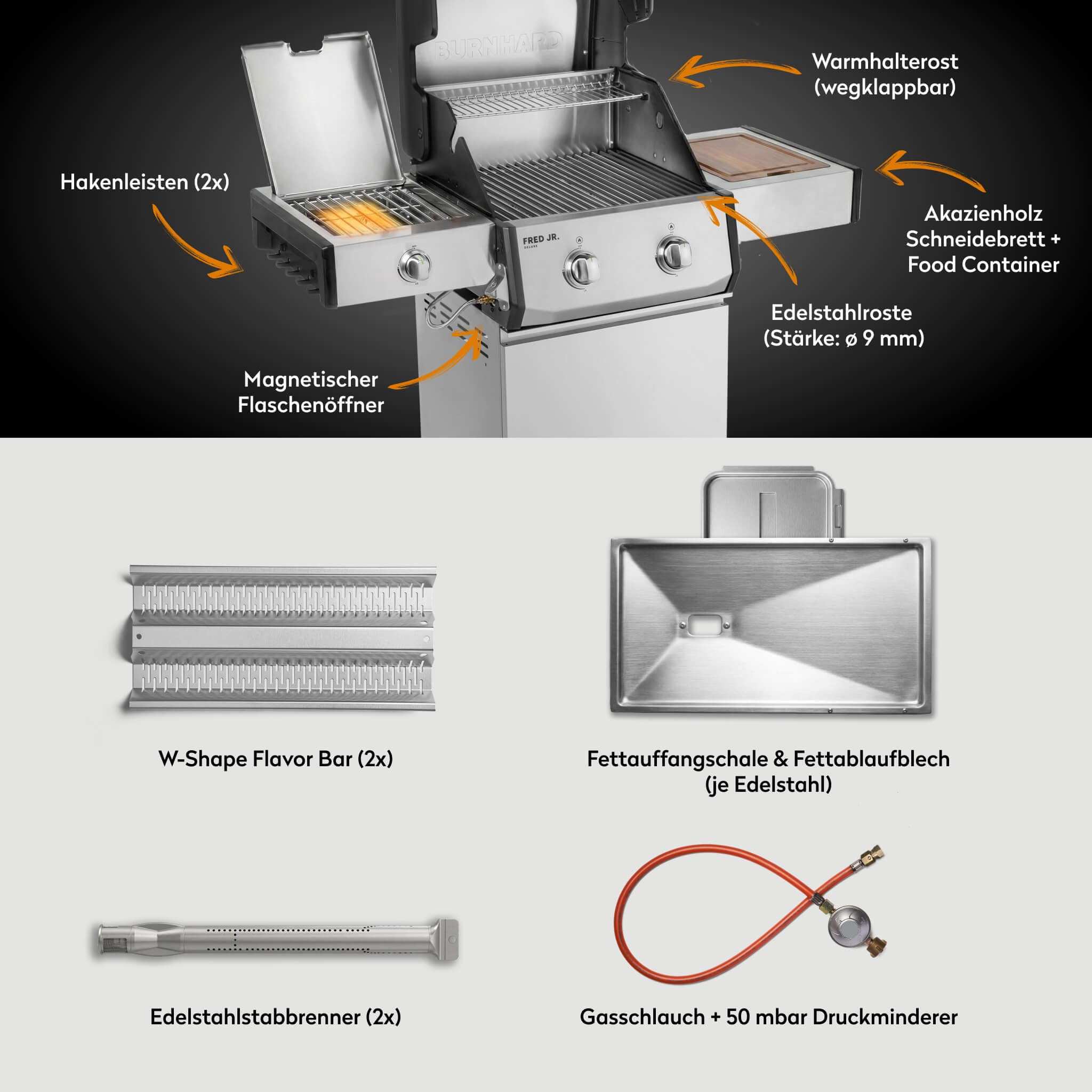 BURNHARD® Gasgrill 2-Brenner 900°C Infrarot-Keramikbrenner, Gusseisen-Grillrost, klappbare Seitentische, Grillabdeckung – FRED Jr. Deluxe – Series 3 4