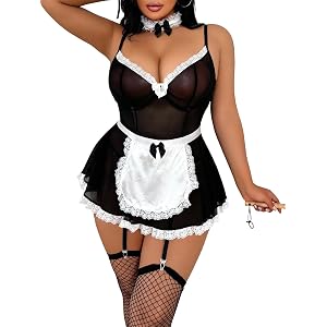 REPLY LOVE Sexy Plus Size Maid Cosplay Lingerie – Sheer Colorblock Babydoll Dress with Lace Apron and Choker,（XL-XXXXL）