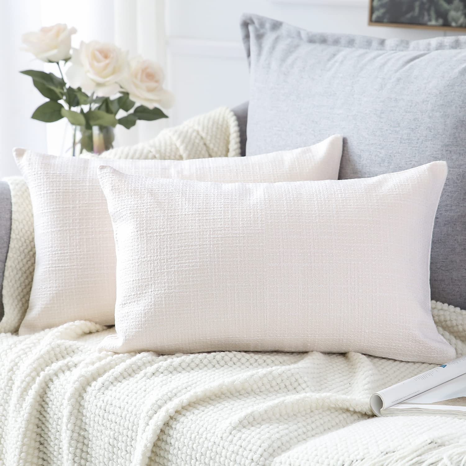 Artscope Cream White Cushion Cover Set of 2 Linen Decorative Square Pillowcase Pillow Cover 30x50cm for Home Decor Sofa Bedroom Car 12x20 Inch