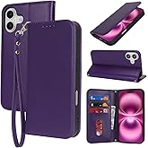 Jaorty Fit for iPhone 16 5G Phone Case Wallet with Wrist Strap for Women Men,Wallet Case for iPhone 16 with Card Holder,Cash Pocket PU Leather Strong Magnetic with Kickstand,6.1" Purple