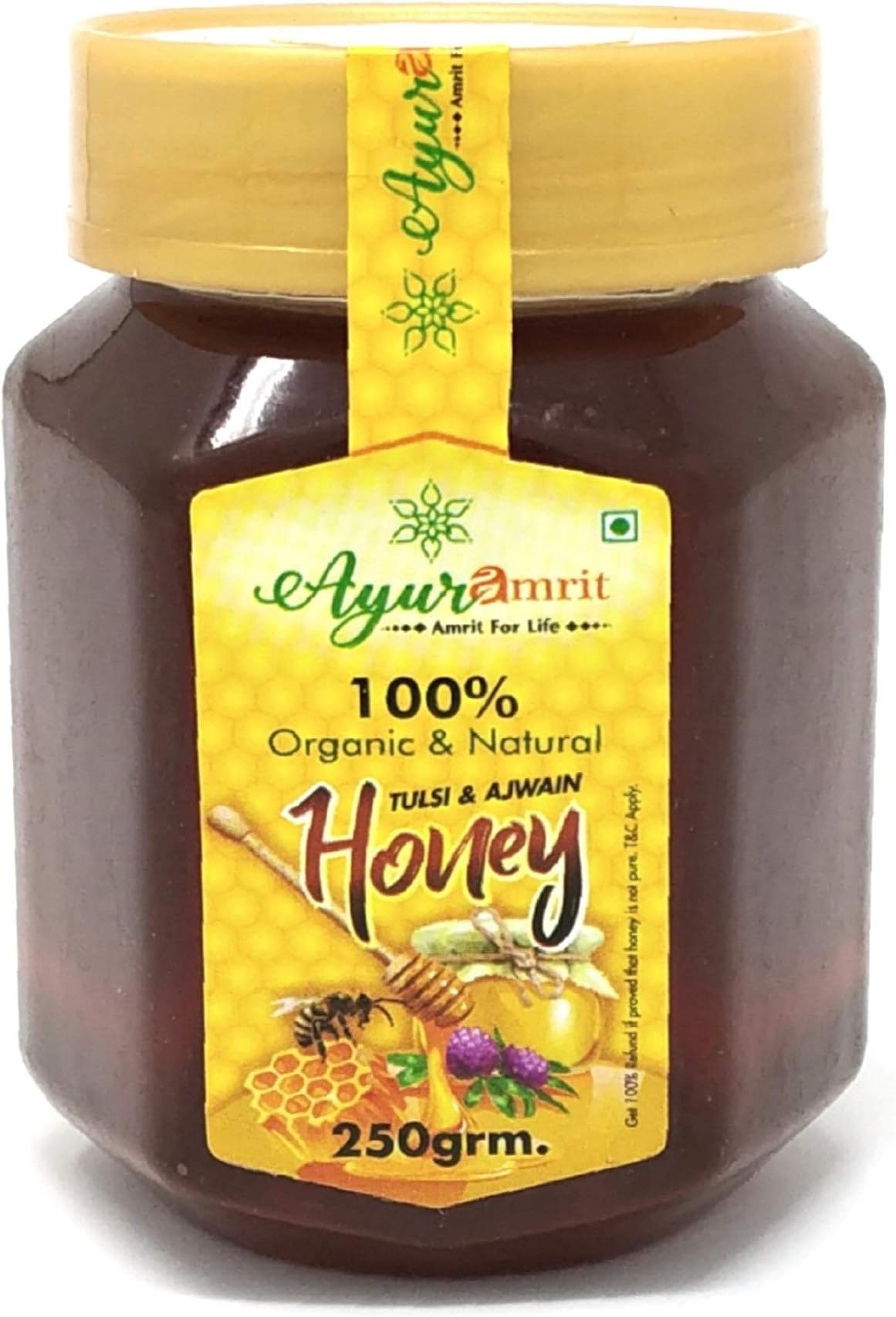 Ayuramrit USDA Certified 100% Pure, Natural & Organic Processed Tulsi/Ajwain Honey, 250 Grm