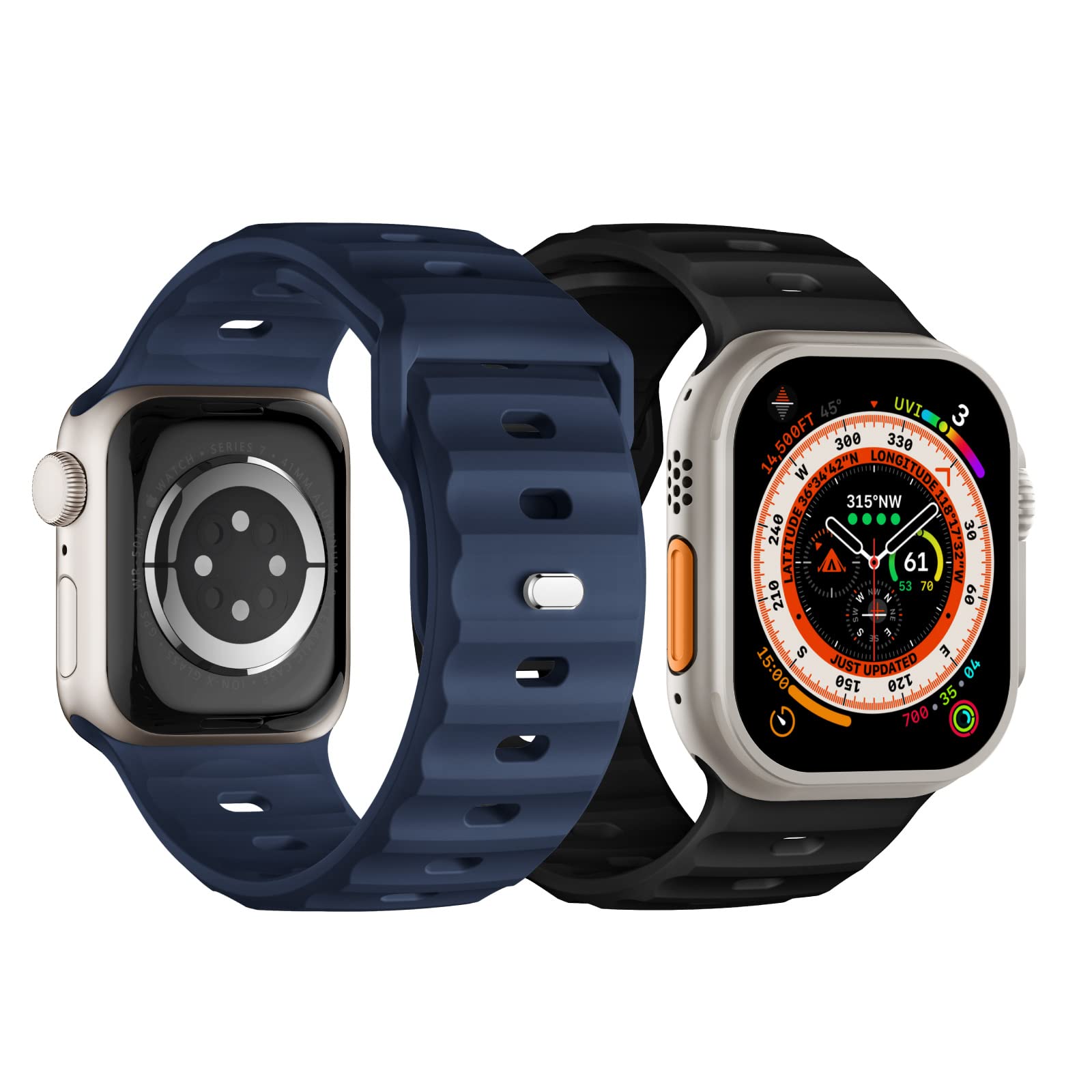 Suitisbest 2 Pack Sport Straps Compatible for Apple Watch Ultra/Ultra 2 Straps 49mm 45mm 44mm 42mm for Men, Soft Silicone Wristbands Replacement Strap for iWatch Ultra Series 9 8 7 6 5 4 3 2 1 SE