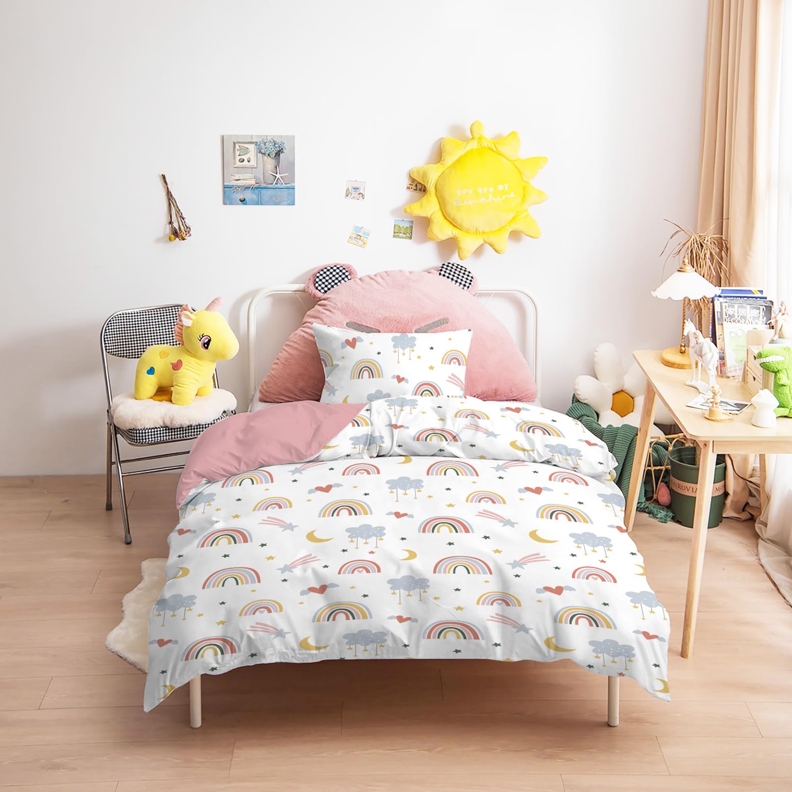 Yasida Kids Rainbow Bedding Girls Single Duvet Cover Set Pink Single Bedding with Stars, Clouds & Moon Design For Kids/Teenager Cute Duvet Cover 135x200cm + Pillowcase 50x75cm Children's Room Decor