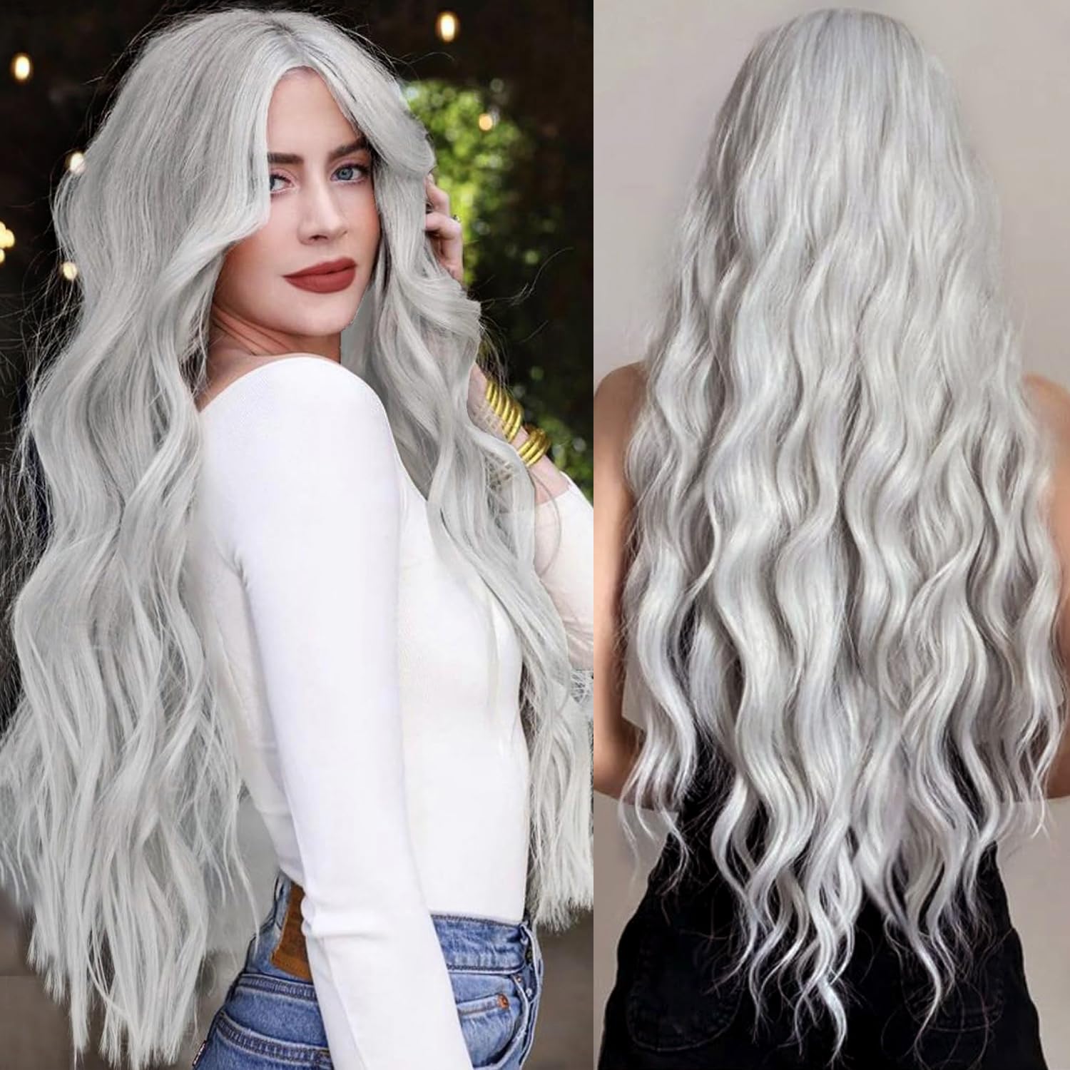 PORSMEER White Silver Wavy Wig, 26 Inch Mid Part Curly, Natural Looking Synthetic, Heat Resistant Fiber, Daily Party Use (Light Grey)
