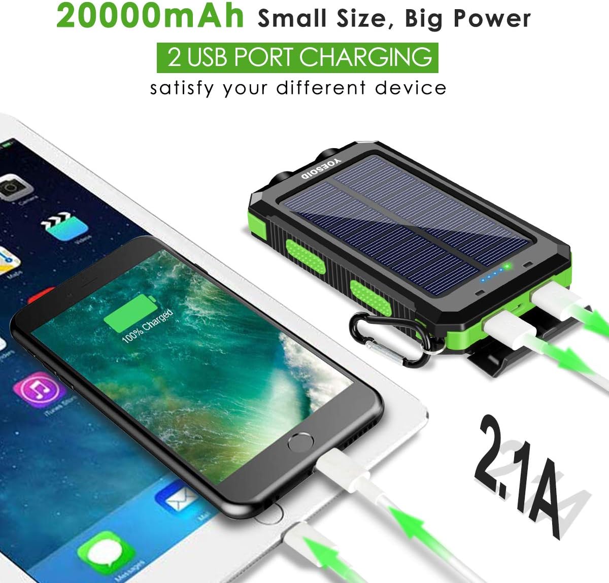 Solar Charger 20000mAh YOESOID Portable Solar Power Bank Outdoor Waterproof Camping External Backup Battery Pack with Dual USB Ports 2 LED Light Carabiner and Compass, Compatible Most Smart Phones
