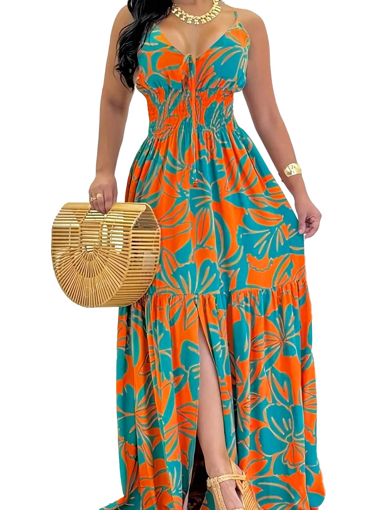 Photo 1 of Women's Floral Maxi Dress, Spaghetti Strap, Orange and Turquoise Print, Side Slit (US, Alpha, 3X, Plus, Regular, oangr)