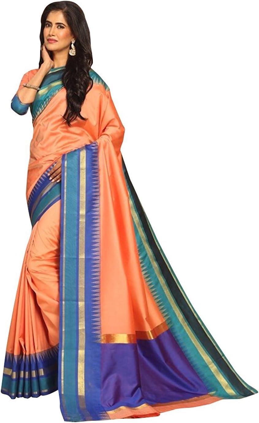Womens Bangalore Silk Woven Zari Border saree Traditional Peach color with blouse piece