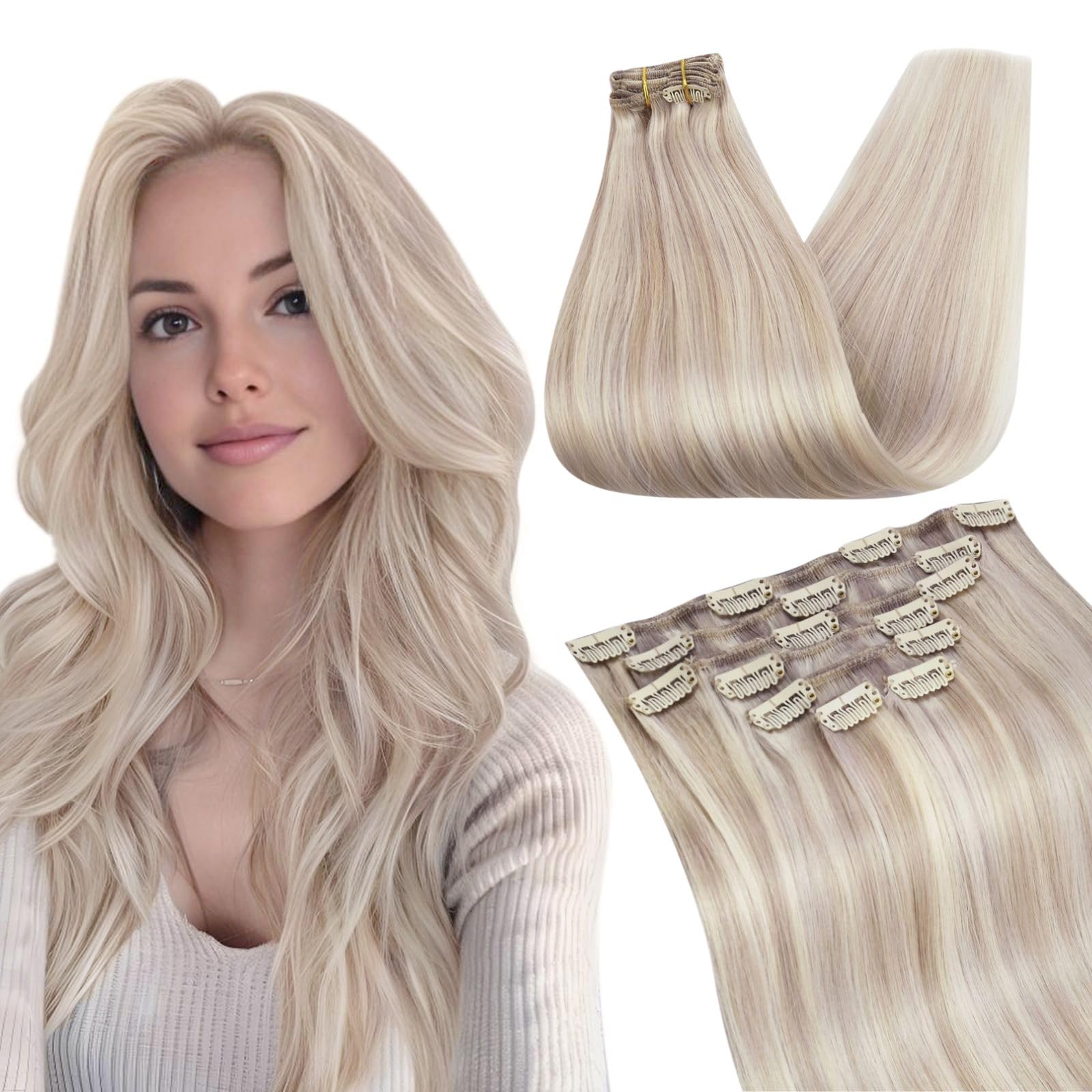 Ugeat Human Hair Clip in Extensions Highlights Clip in Human Hair Extensions Ash Blonde Highlights Bleach Blonde Thick Hair Extensions Clip ins 7pcs 120g 18 Inch