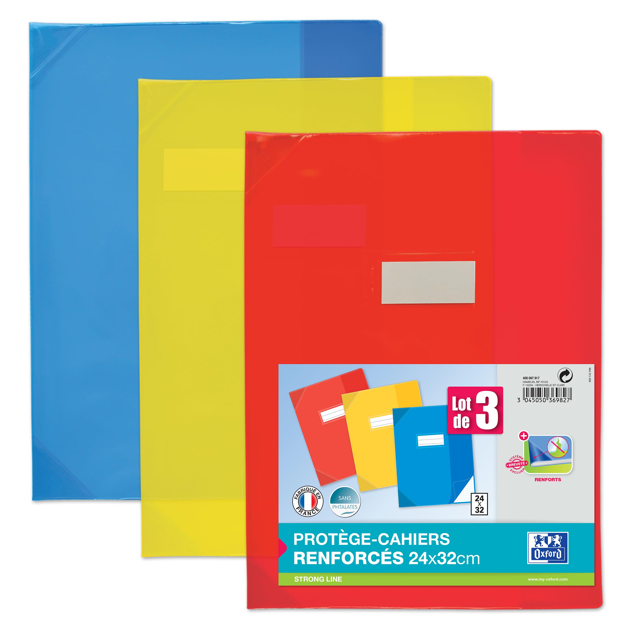 OXFORD Strong Line Exercise Book Covers 24 x 32 cm PVC Transparent 15/100 Assorted Colours Pack of 3