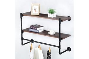 JIANZHUO Industrial Pipe Clothing Rack Wall Mounted with Wood Shelf,Rustic Retail Garment Rack Display Rack Cloths Rack,Pipe Shelving Floating Shelves