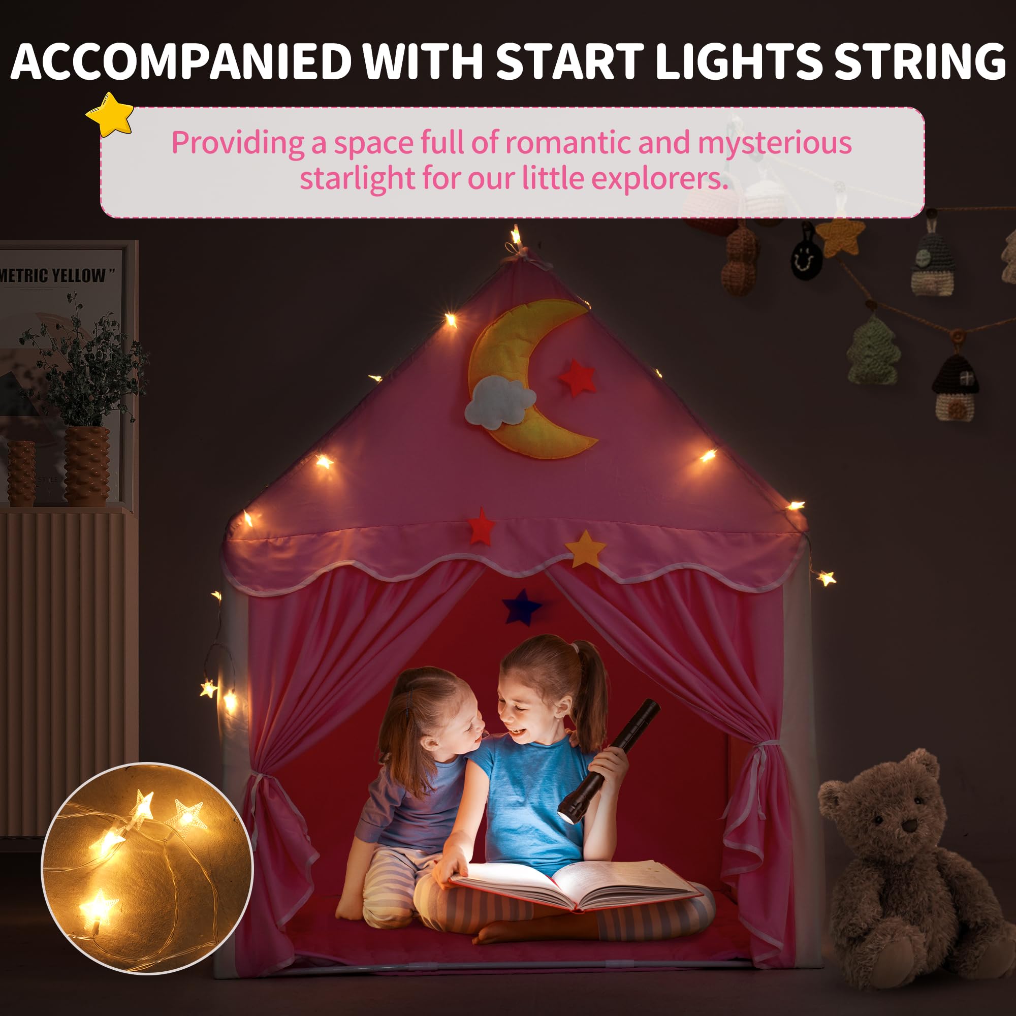 Kids Tent with Mat, Toddler Playhouse Girls Princess Castle Play Tent with Star Lights Toys for Children Indoor and Outdoor Games (Pink)