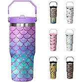 30oz Mermaid Tumbler with Handle and Flip Straw, Stainless Steel Insulated Cup, Travel Coffee Mug Water Bottle, Birthday Mothers Day Chritmas Gifts for Women Animal Lovers