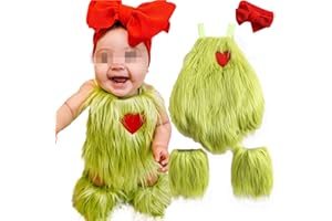 Aifawile Christmas Baby Costumes Baby Girl Outfit Furry Sleeveless Romper Headband Leg Warmer Green Monster Cosplay Costume