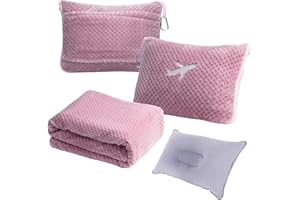 Nenolix 3 in 1 Travel Blanket Pillow Set - 350 GSM Thick Travel Blanket Airplane Compact with Bag, Soft Bag with a Pocket, Inflatable Travel Pillow for Camping & Car Trip (Blush Pink)