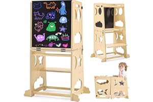 YOJOKER Toddler Kitchen Stool Helper, 4 in 1 Toddler Standing Tower Collapsible Kids Step Stool, Child Standing Tower for Toddlers 1-3 with Safety Rails