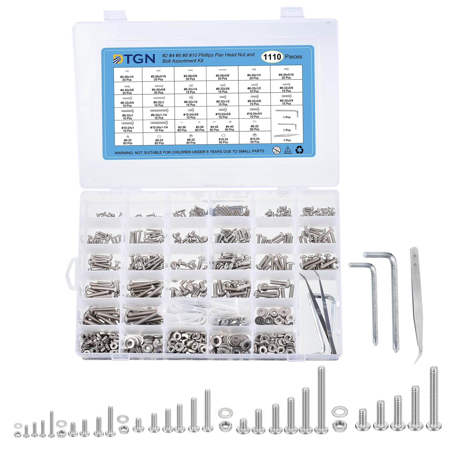 DTGN 1110Pcs Machine Screws Assortment Kit, #2#4#6#8#10 Phillips Pan Head Nut and Bolt Assortment Kit, 304 Stainless Steel, Bolt Assortment With Tweezers and Wrench