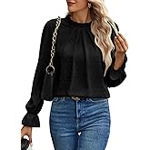 Spriolim Women's Swiss Dot Shirt Ruffle Long Sleeve Pleated Crewneck Blouse Casual Loose Tops