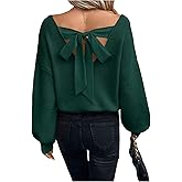 GORGLITTER Women's Bow Fall Sweaters 2025 Cable Knit Chunky Oversized Long Sleeve Backless V Neck Pullover Tops