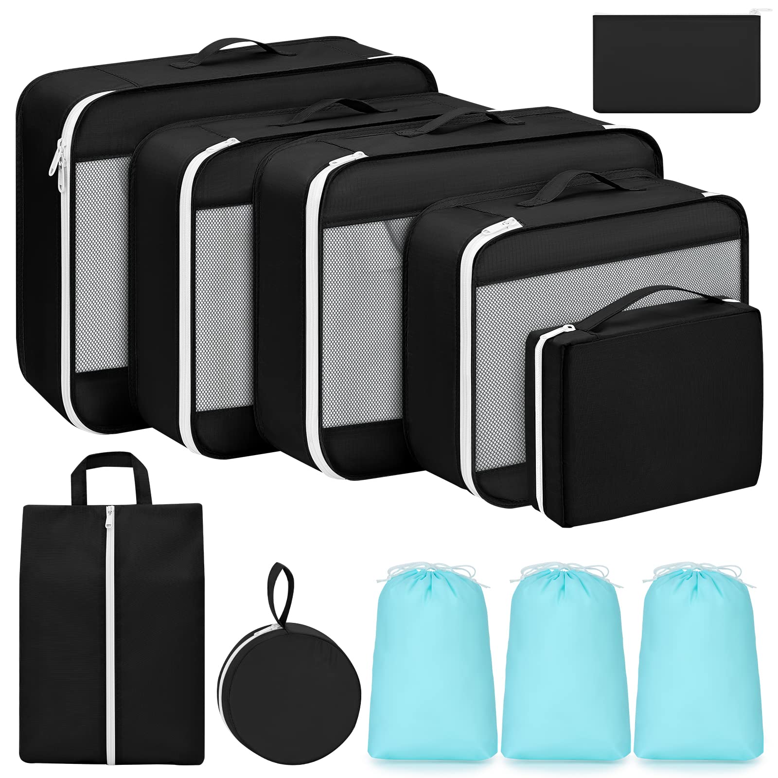 Easortm Packing Cubes for Travel 11 Sets of Packing Cubes for Suitcases, Travel Cubes Organizer, Luggage Organizer with Shoes Bag Underwear bag Electronics Bag（Black）