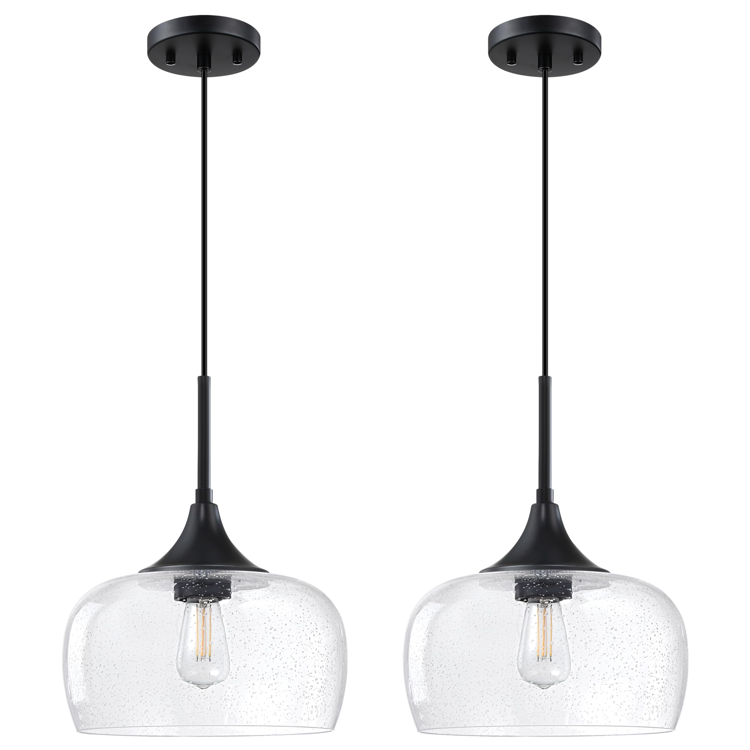 Photo 1 of 2 Pack 1 Light Indoor Kitchen Island Pendant Ceiling Light 10" Clear Seeded Glass Shade Fixture,Adjustable Cord Black Finish for Bar,Dining Room,Over Sink Bedside