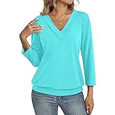 TCITICMISS Womens 3/4 Sleeve Tops Banded Bottom V Neck Summer T Shirt Casual Basic Tops