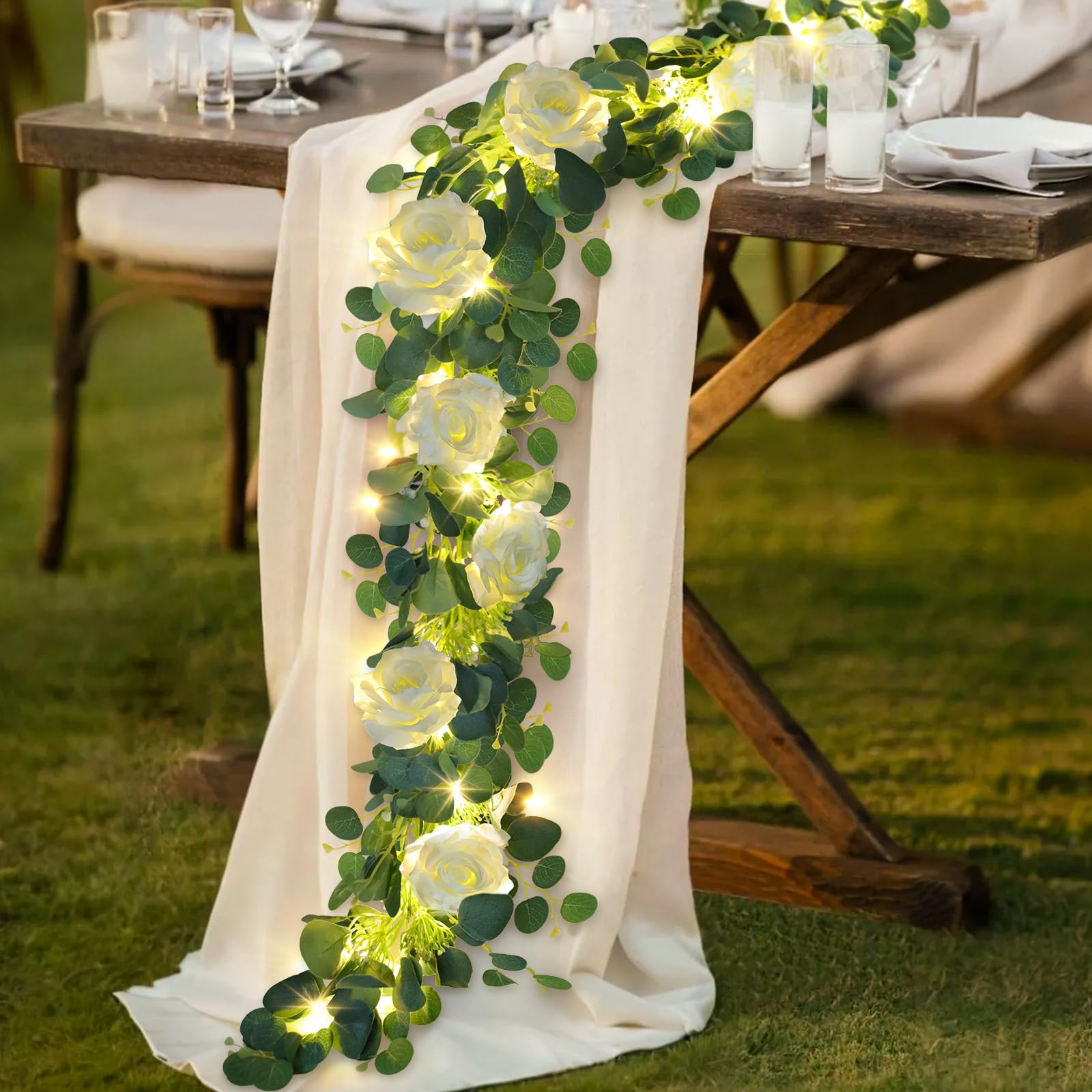 Photo 1 of MACTING 6.6FT Flower Garland with Lights Fake Gypsophila Eucalyptus Garland with 12 White Roses Artificial Floral Greenery Vine for Wedding Arch Table Centerpieces Backdrop Party Summer Decorations