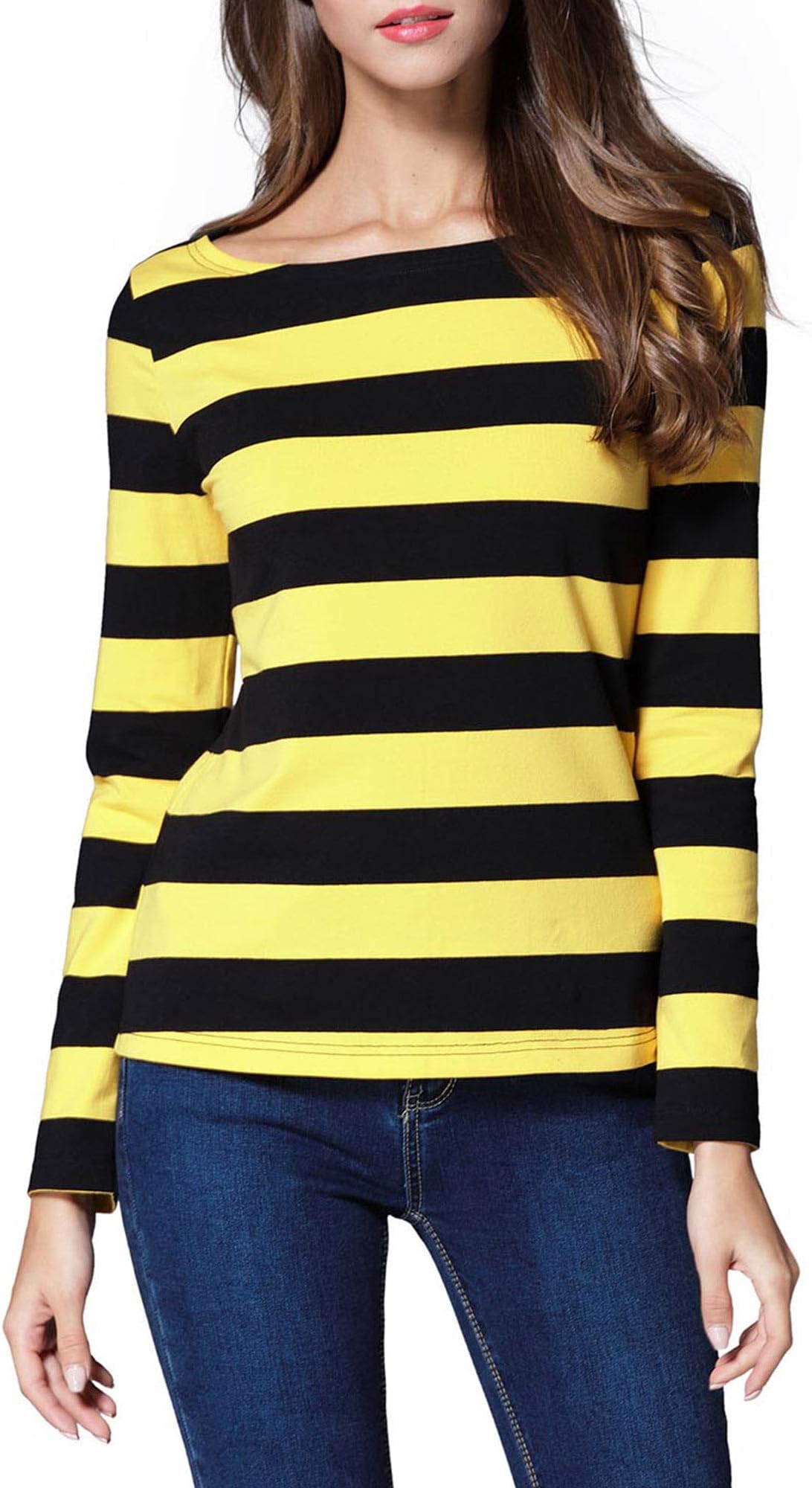 Women's Long Sleeve Boat Neck Striped Relax Fit Christmas Tee Shirts