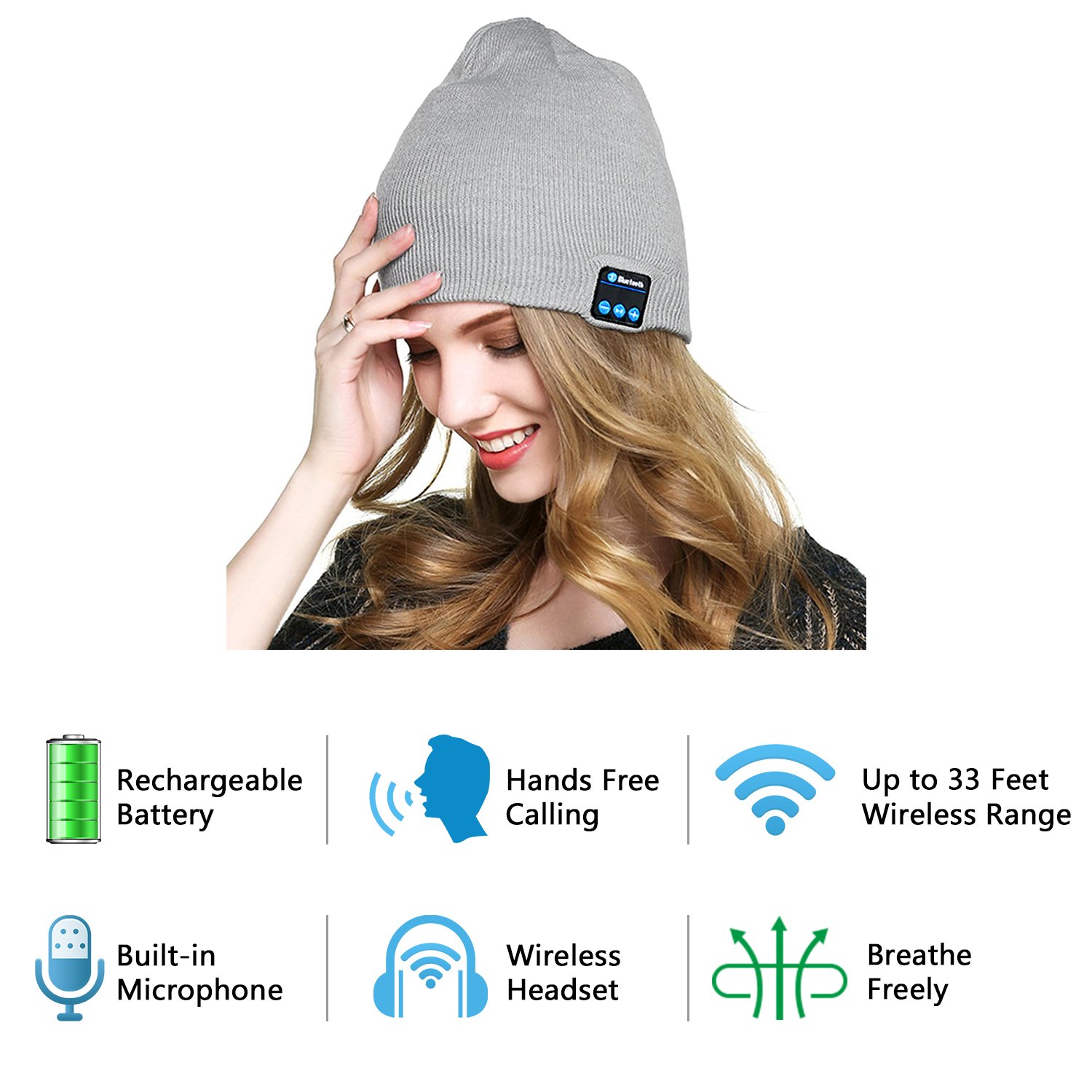 Dolida Bluetooth Wireless Music Beanie Hat Women Men Winter Knitted Hat Trendy Cap with Microphone & Stereo Headphones Headset for Sport Running Dancing, Best Christmas Gift Grey