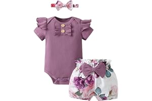 Infant Baby Girls Summer Clothes Romper Newborn Solid Ruffle Short Sleeve Floral Shorts Headband 3pcs Outfit Set