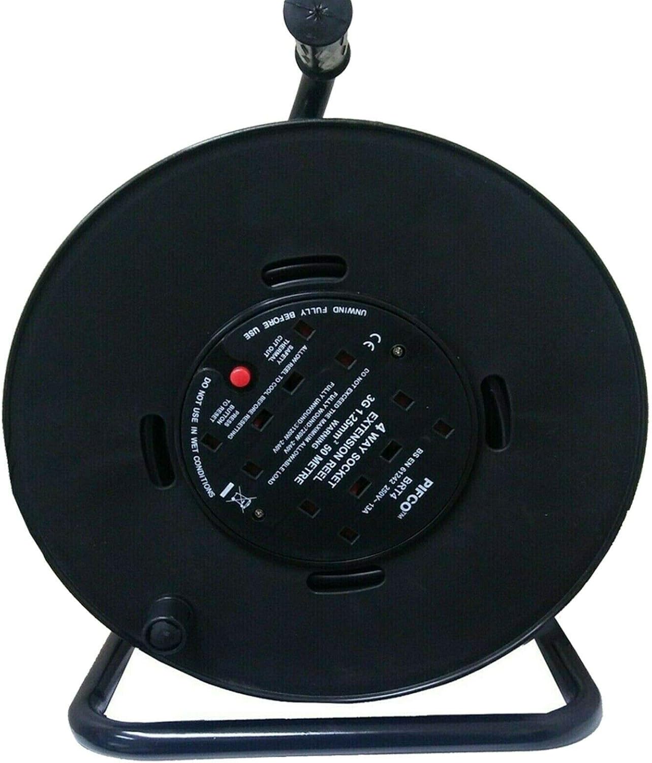 Daewoo Extension Reel, 4 Way Socket with 50 Metre Cable, Heavy Duty with Resettable Safety Cut Out, Open Frame, Black and Green