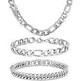 Aospkle 3PCS Figaro Necklace Bracelet Cuban Bracelet, Silver Gold Black Sturdy 316L Stainless Steel Cuban Link Figaro Chain for Men Jewelry Set with Gift Message Card 8mm, 7/8/9 Inches