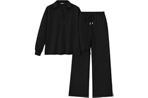 BTFBM Women 2 Piece Outfit 2024 Fall Winter Lapel V Neck Long Sleeve Pullover and Wide Leg Pants Lounge Sets Pockets