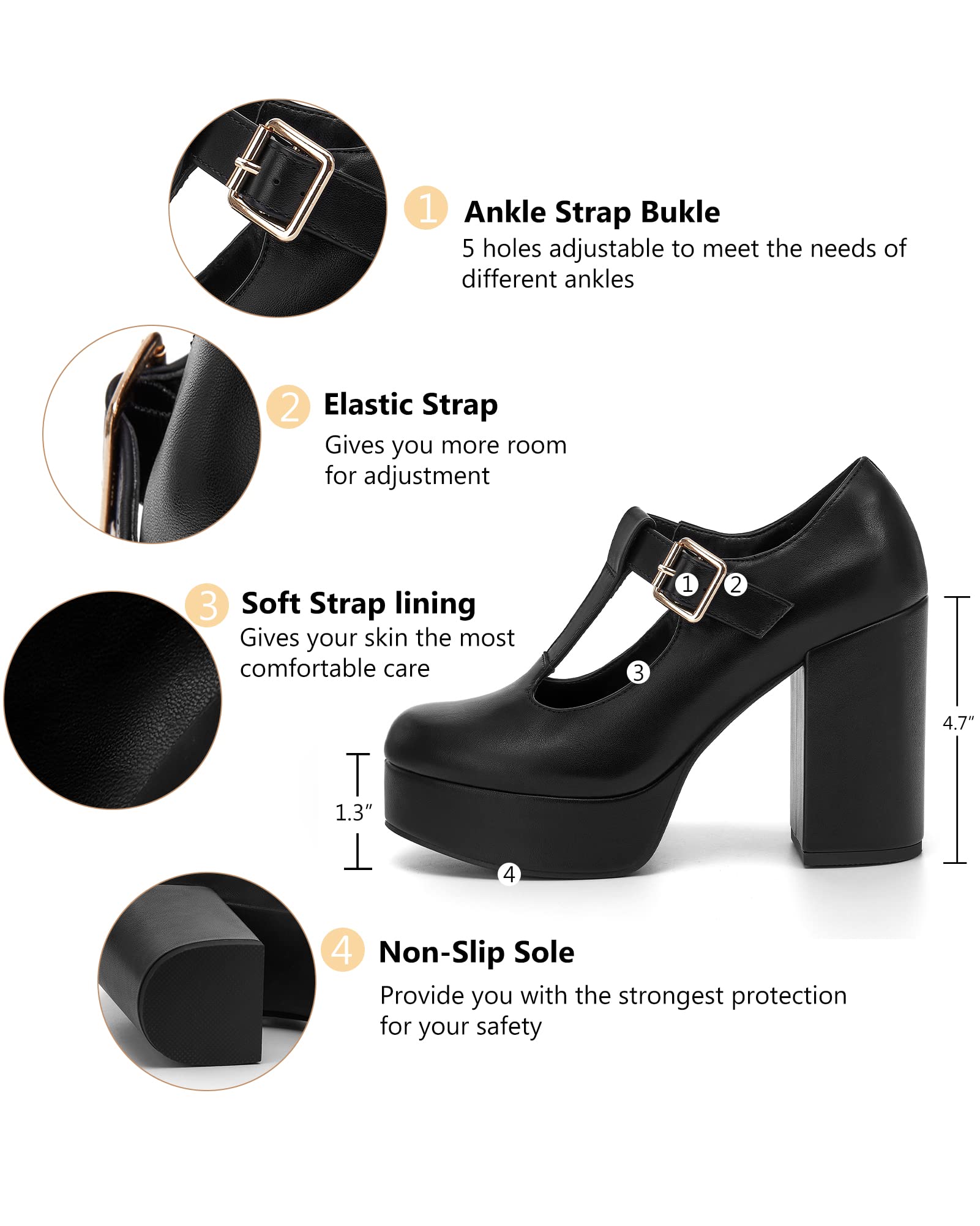 Condition photo showing As Is for coutgo black platform heels for women t-strap patent chunky heel mary jane shoes
