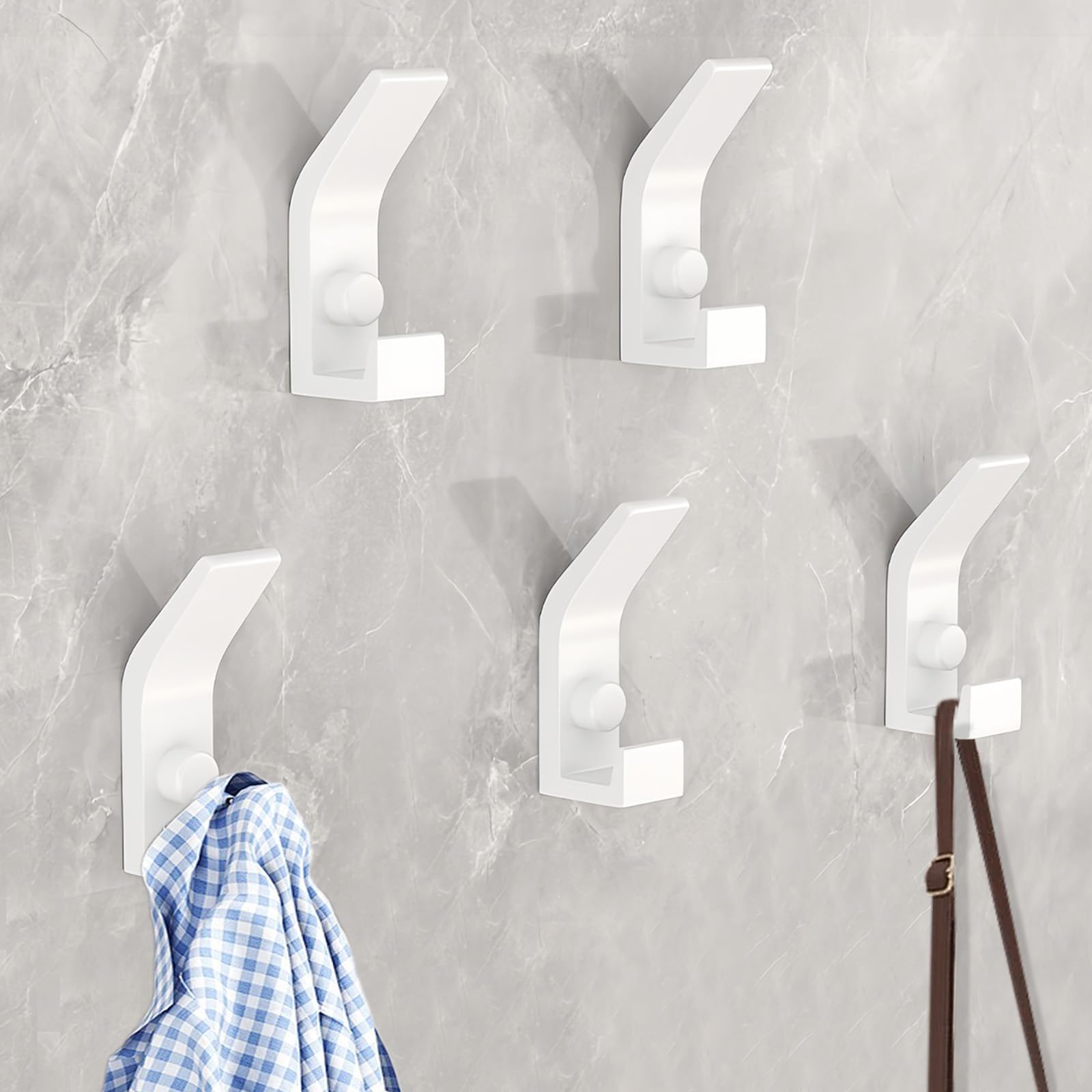 Gerhannery 5 Pack Coat Hooks for Hanging, Heavy Duty Hat and Coat Hanger Hooks with Fixing Screws, Wall Dual Hooks Clothes Hanger Wall Mounted, Robe Towel Hooks for Door Bathroom Bedroom (White)