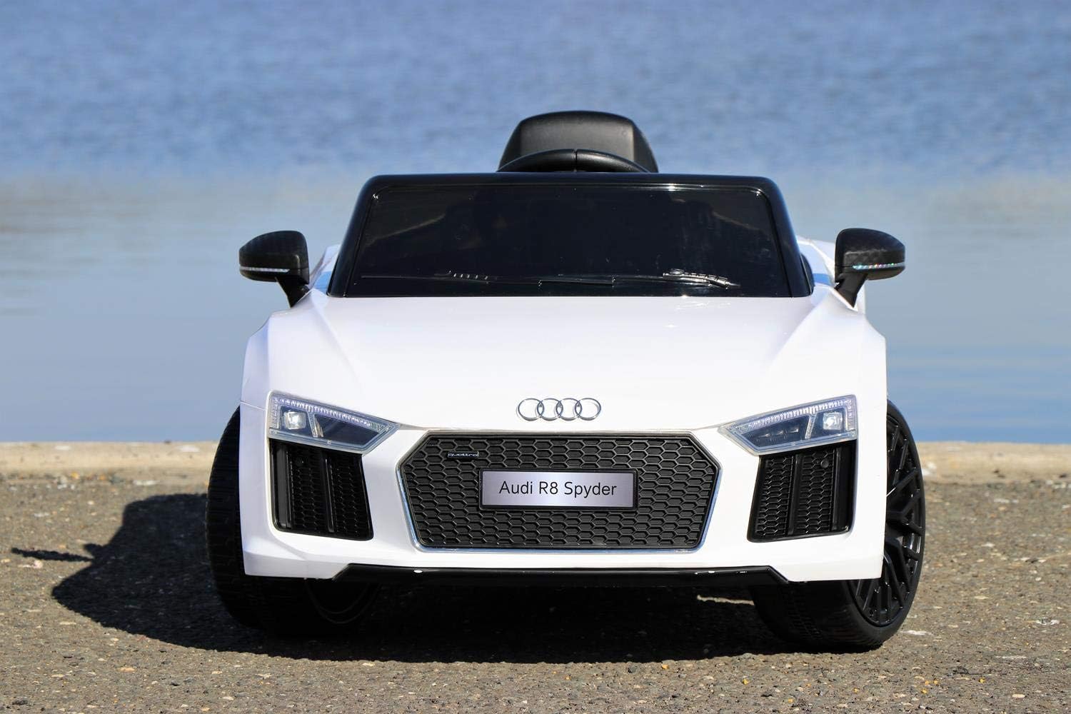 First Drive Audi R8 White 12v Kids Cars - Dual Motor Electric Power Ride On Car with Remote, MP3, Aux Cord, Led Headlights, and Premium Wheels
