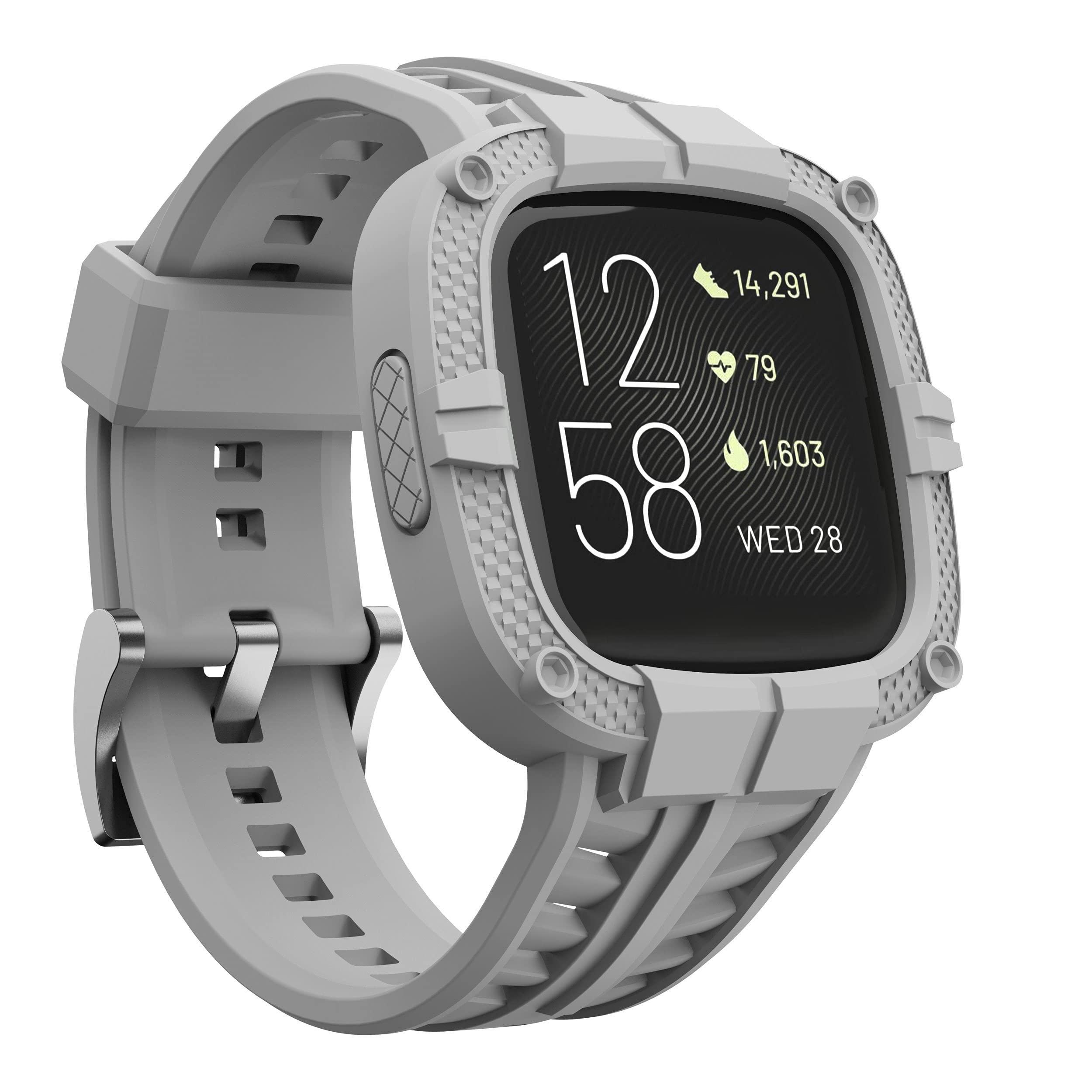 Photo 1 of GELISHI Compatible for Fitbit Versa 2 Bands with Case, Men Protective Case Band Rugged Sport Wristbands Strap for Fitbit Versa 2 Smartwatch - Grey