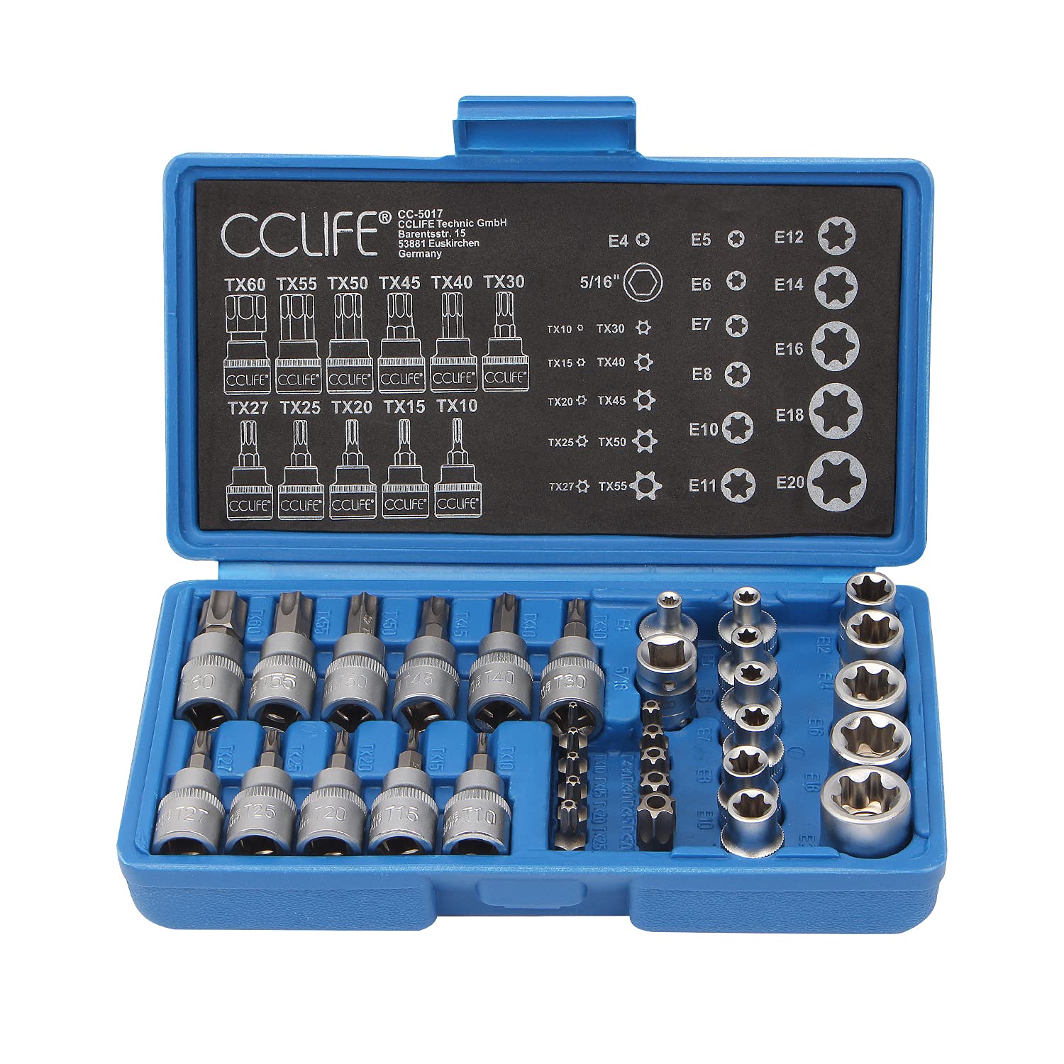 CCLIFE 34pcs Torx Bit Socket Hex Set S2 Bit, E4-E20 | T10-T60 Torx| 5/16" F to 3/8" M Adapter