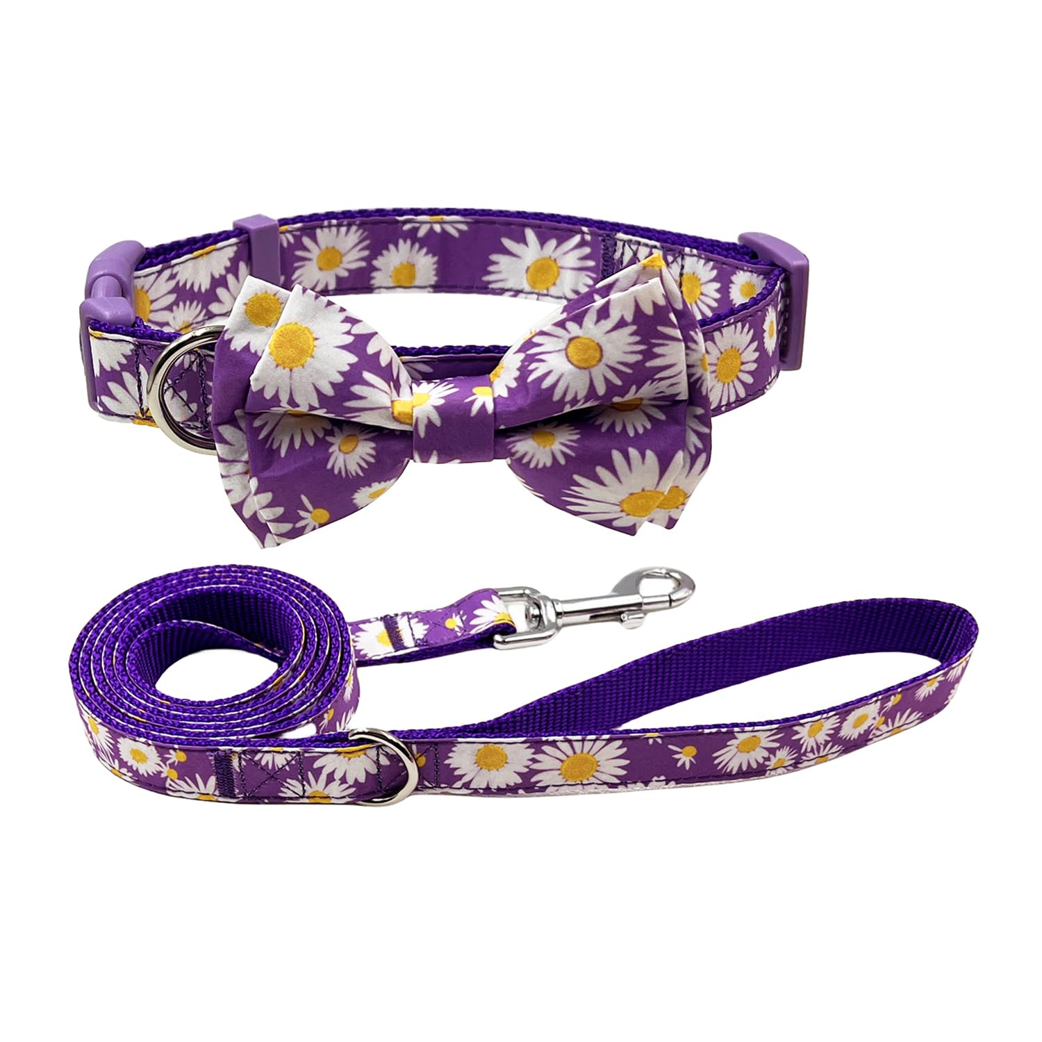 Olahibi Dog Bowtie Collar and Leash Combo Set, Purple Daisy Pattern, Nylon Webbing Plus Cotton Ribbon, 150CM Leash, for Small Dogs.(S, Purple Daisy) — image 1