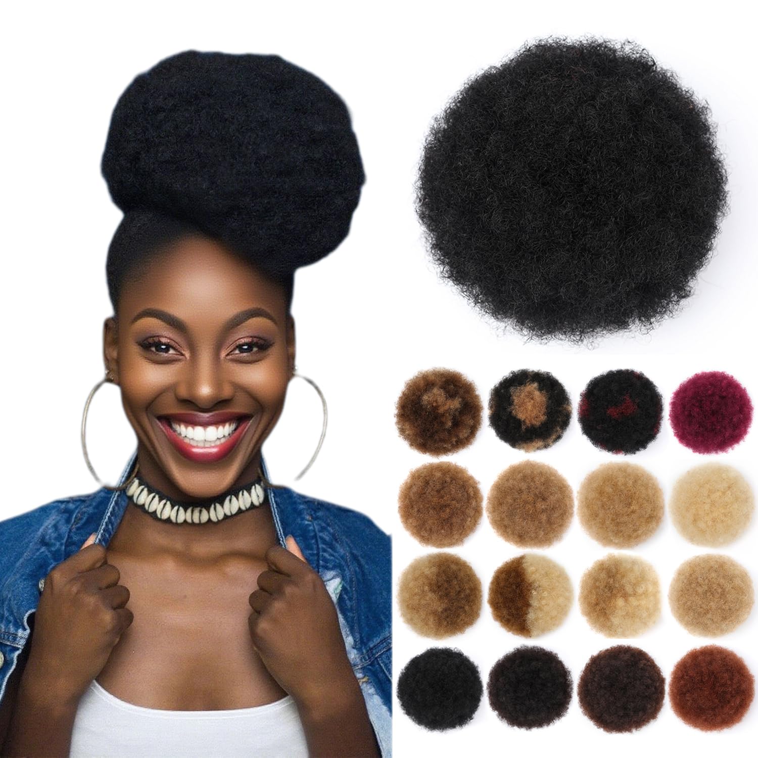 Photo 1 of Fullart Afro Puff Ponytail for Black Women, 8 Inches Black Genuine Human Hair Delicate and Cute Loose Short Kinky Bun for Natural Hair