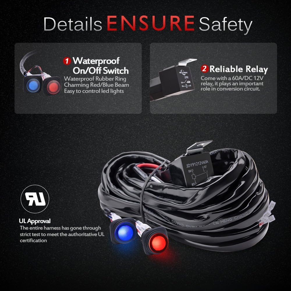 MICTUNING Heavy Duty 14AWG 300W 2-Circuit Led Light Bar Wiring Harness Kit with Fuse, 60Amp Relay, Dual Waterproof Switches Red Blue(14AWG): Automotive