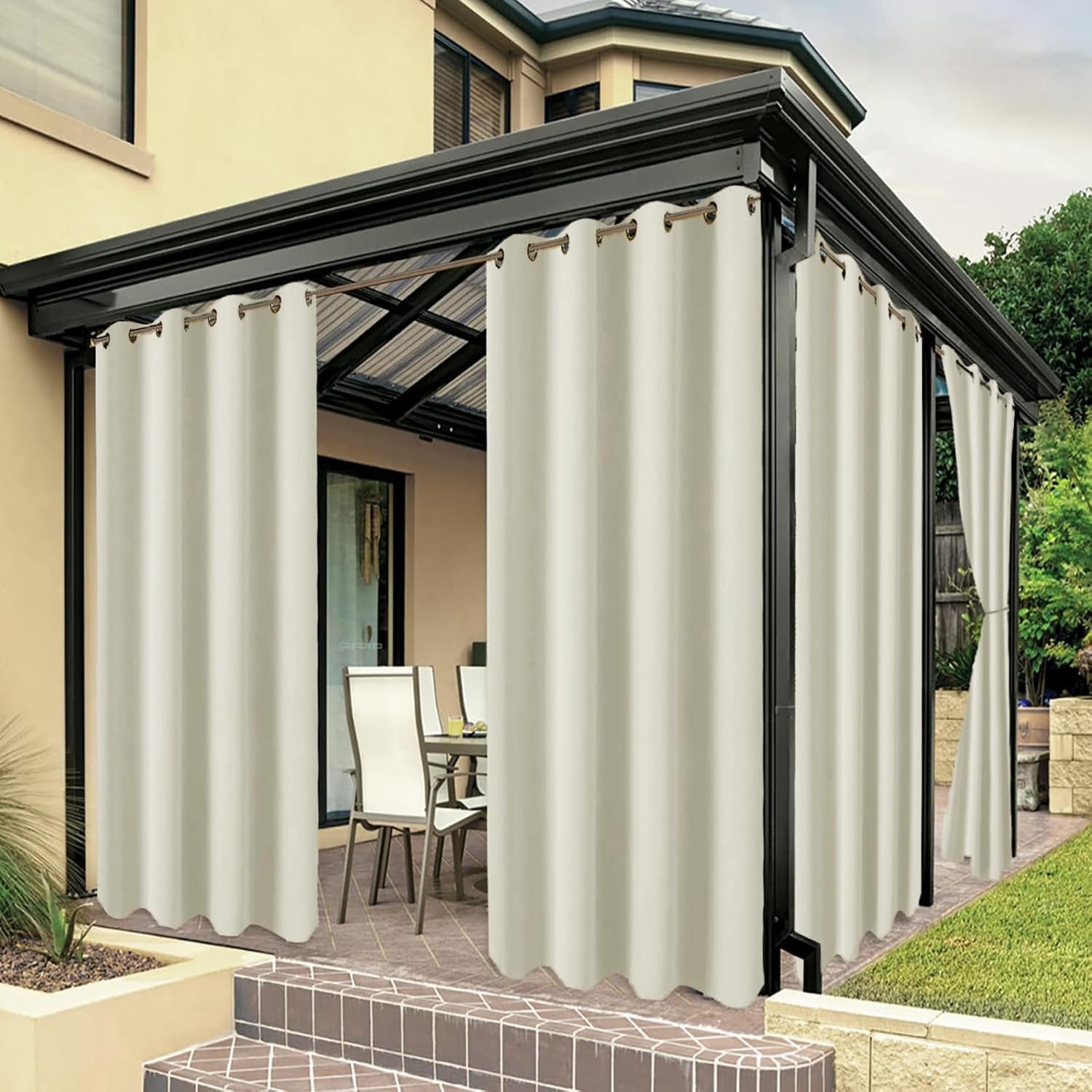 Outdoor Curtains - ZJXSNEH Outdoor Curtains for Patio Waterproof Voile Curtain for Gazebo Front Porch Pergola Grommet Top Window Drapes Garden Decor Beige[1PC | 65