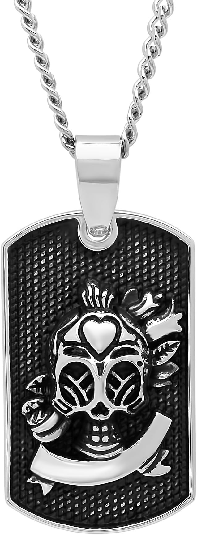Men’s Stainless Steel Sugar Skull Dog Tag Pendant with Curb Chain Necklace, 24-inches
