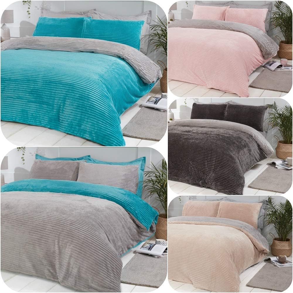 ComfyTrends Warm Teddy Fleece Duvet Cover Plus Pillow Cases Bed Set Fully Reversible Ribbed Design Bedding (Teal - Grey, King)