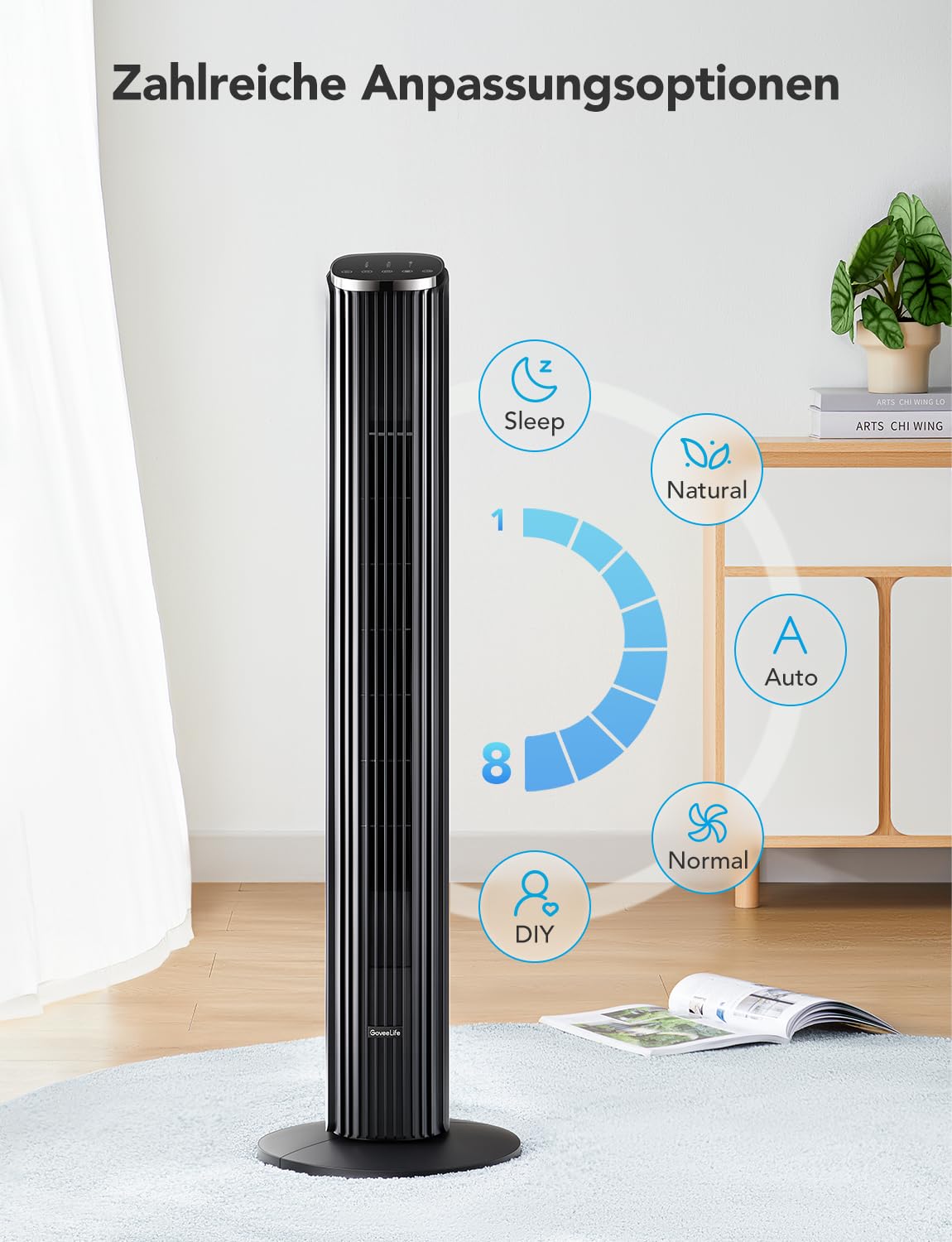 GoveeLife Intelligente leiser Turmventilator, 75° Oszillierende Ventilatoren mit App- und Sprachfernbedienung, 6.3m/s Geschwindigkeit 8 Geschwindigstufen 5 Modi 24 Std-Timer, mit Kühlung 4