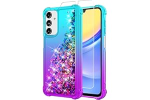 YZOK for Galaxy A15 5G Phone Case,Samsung Galaxy A15 5G Case,with HD Screen Protector,Gradient Quicksand Glitter Liquid Floating Cute Phone Case for Samsung A15 5G (Teal/Purple)